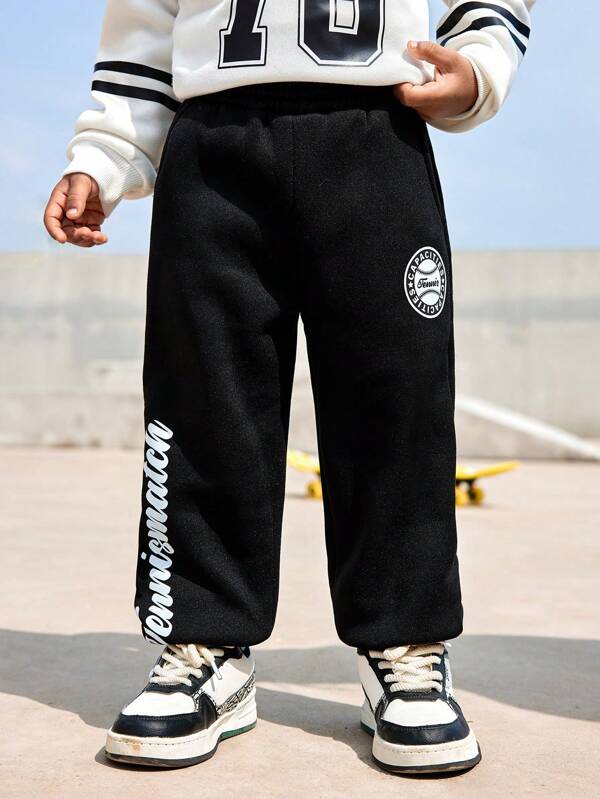 SHEIN Young Boy Pantaloni caldi cu captuseala termica cu imprimeu cu litere negre