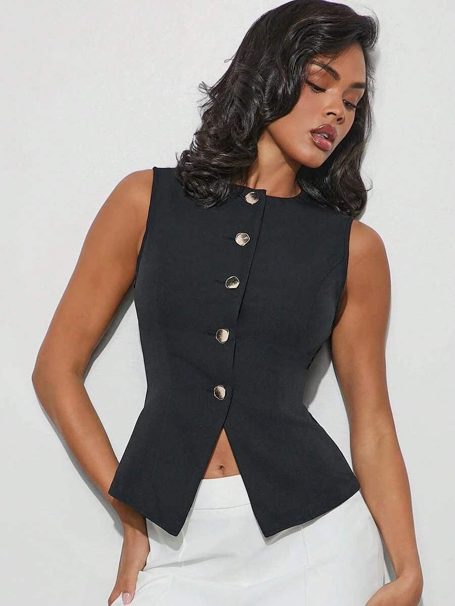 Hauture Women Plain Color Single-Breasted Crew Neck Sleeveless Casual Top - Black - View 1