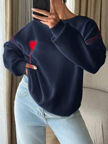 RueChic Red Heard Embroidered White Sweatshirt With Red Piping At Sleeves