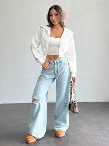 SHEIN PETITE Jachetă minimalistă cu glugă pentru femei, cu fermoar în față, cu mânecă lungă, buzunare, îmbrăcăminte zilnică ocazională, topuri cu mânecă lungă