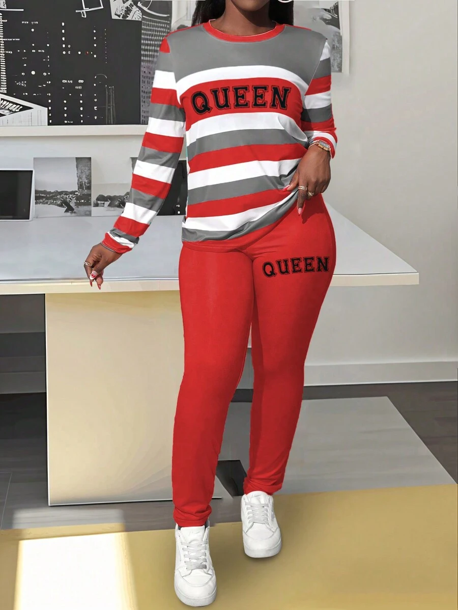 VaVaBold 2 件套修身女士套装，条纹圆领长袖上衣和长裤，秋季新年衣服 - 紅色 - 查看 1