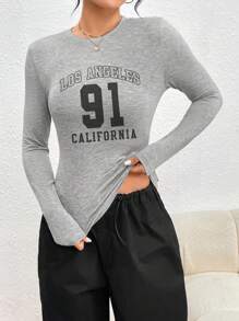 INAWLY Áo thun nữ cổ tròn tay dài in chữ mùa xuân hè, áo phông họa tiết - Màu Xám nhạt - Xem 5