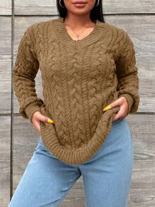EURMUSE Plus Size Women Casual Solid Drop Shoulder Loose Cable Knit Pullover Sweater, For Winter - Camel - View 3