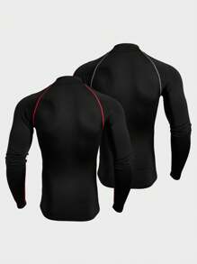 Gym Rark 2PCS 2025 Men's Compression Long Sleeve Shirt Boyfriend Style Men's Letter Print Stand Collar Raglan Sleeve Athletic T-Shirt Muscle Support & Recovery Tech With Contrast Stitch, Breathable Anti-Chafing For Running Gym Gym 2piece Set Breathable Workout Clothes Compression Shirt Men - Black - View 2