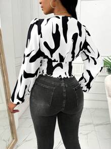 Lunelith SHEIN Lunessa 女士秋季灯笼袖褶皱 V 领优雅衬衫（随机花卉印花） - 黑與白 - 查看 2