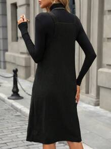 SHEIN LUNE 女士纯色纽扣设计休闲吊带中长连衣裙灯芯绒女装 - 黑色 - 查看 2