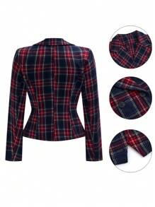 Celure Plus Size Vintage Short Thick Tweed Double-Breasted Lapel Waisted Slim Fit Long Jacket Coat - Multicolor - View 2