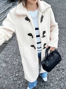 Chiquease Áo khoác dài tay cổ bẻ màu trơn thiết kế nút cài cộng với chất liệu nỉ dày mặc thường ngày cho mùa thu đông - Màu Khaki - Xem 3