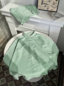 Chiquease 2 件套女士休闲条纹纽扣前纹理衬衫和裤子套装，秋季 - 綠色 - 查看 3