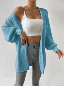 Chiquease Solid Color Casual Lantern Sleeve Knitted Cardigan, Autumn/Winter - Mint Blue - View 3