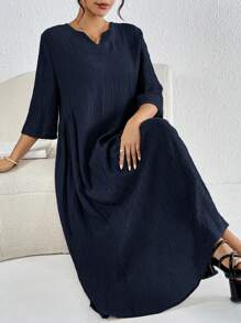 Mulvari Vestido casual largo de mujer, con cuello en V, mangas a media altura y diseño sencillo