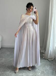 Selianne 女士亮片褶皱连衣裙搭配斗篷长款女士服装 - 銀色 - 查看 1