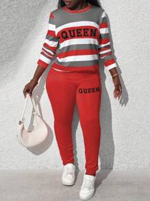 VaVaBold 2 件套修身女士套装，条纹圆领长袖上衣和长裤，秋季新年衣服 - 紅色 - 查看 6