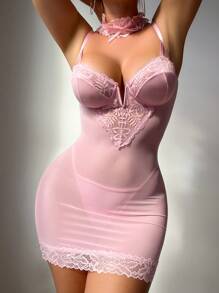 PetitDoll 3pcs Lace Splice Pink Sexy Nightgown Set For Going Out - Pink - View 3