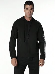Manfinity Fitness 男友风男士字母印花连帽长袖运动夹克运动外套 - 黑色 - 查看 5