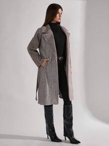 SHEIN Tall Women Herringbone Pattern Turn-Down Collar Belted Coat - Brown - View 5