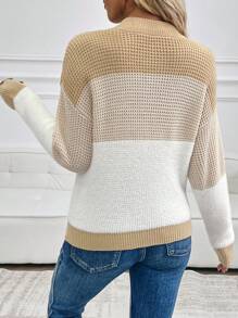 Chiquease Áo len dài tay cổ đứng phối màu thời trang thường ngày, kiểu dáng chui đầu, thích hợp cho mùa thu đông. - Nhiều màu - Xem 2