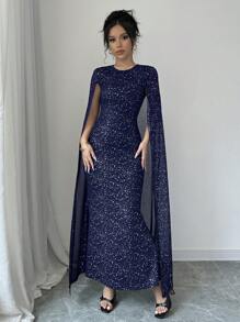 Elenzga 圆领亮片斗篷修身长裙超长女装 - 藏蓝色 - 查看 6