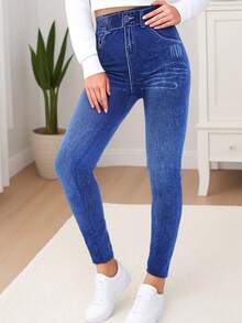 European American Fashion Simple Blue Denim Effect Elastic Waist Casual Leggings Soft Comfortable Fitness Running Sports Pants Yoga Home Exercise Outdoor Walking Skinny Cropped Tights