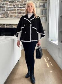 EMERY ROSE Women's Fall/Winter Peter Pan Collar Patchwork Lace Cloak Coat Jacket - Black - View 6