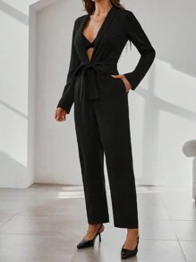 SHEIN Clasi Salopeta Neagra De Femei Cu Guler Capa Maneca Lunga Buzunar Salopeta Eleganta Pentru Naveta