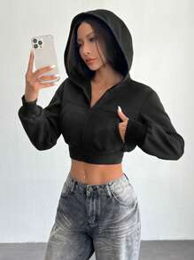 SHEIN PETITE Áo hoodie crop top tay dài Y2K có khóa kéo cho mùa thu/đông - màu đen - Xem 4