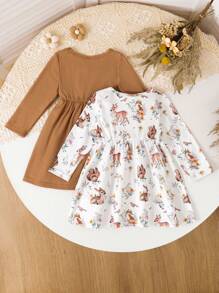 SHEIN Vintaside Kids 女婴 2 件套鹿和松鼠动物印花和纯色长袖连衣裙套装，秋冬 - 彩色 - 查看 2