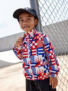 SHEIN Kurtka z kapturem w kratkę dla chłopca, wyścigowa, wiatrówka, swobodny strój sportowy do szkoły, na zewnątrz, na ulicę, na trening, do biegania