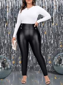 SHEIN Clasi Pantalones ajustados de talla grande de cintura alta con botones decorativos de unicolor, otoño/invierno - Negro - Ver 1