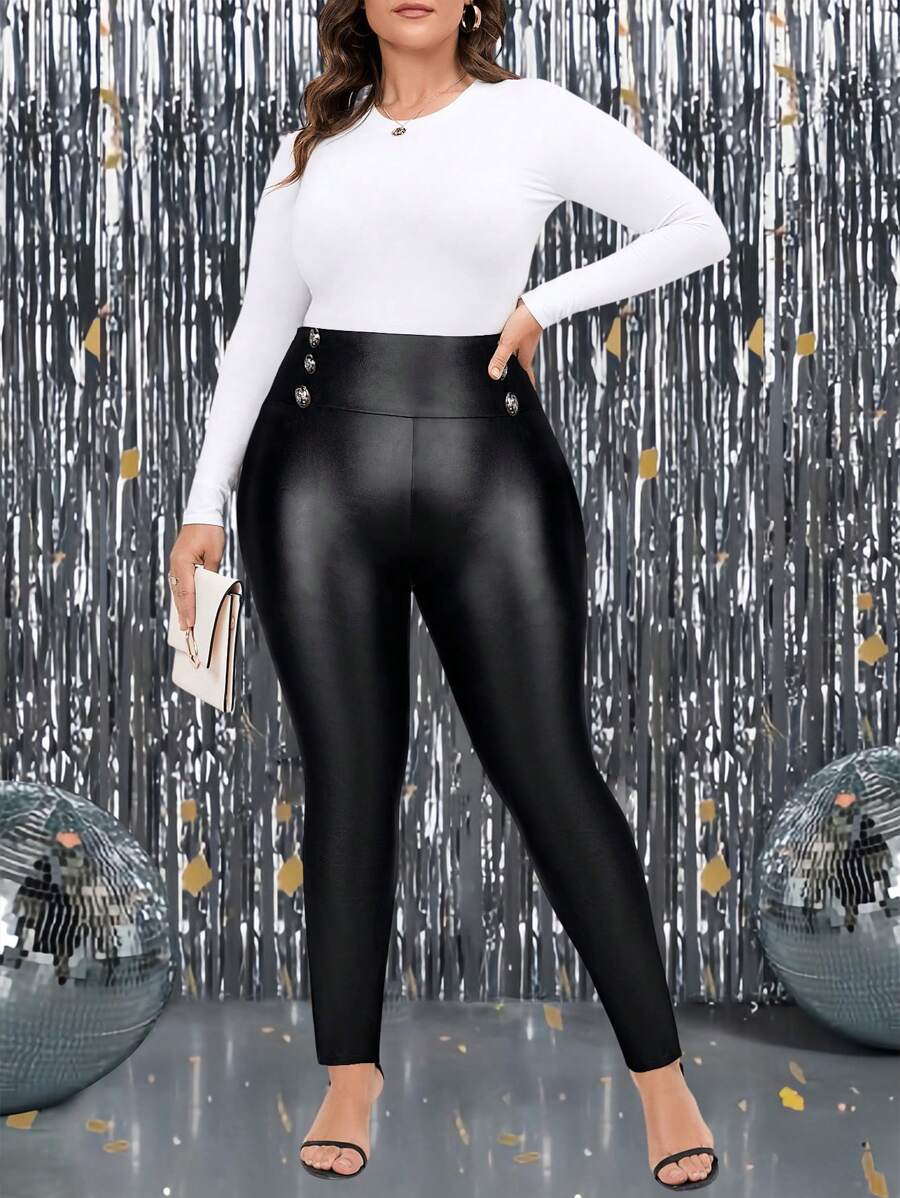 SHEIN Clasi Pantalones ajustados de talla grande de cintura alta con botones decorativos de unicolor, otoño/invierno - Negro - Ver 1
