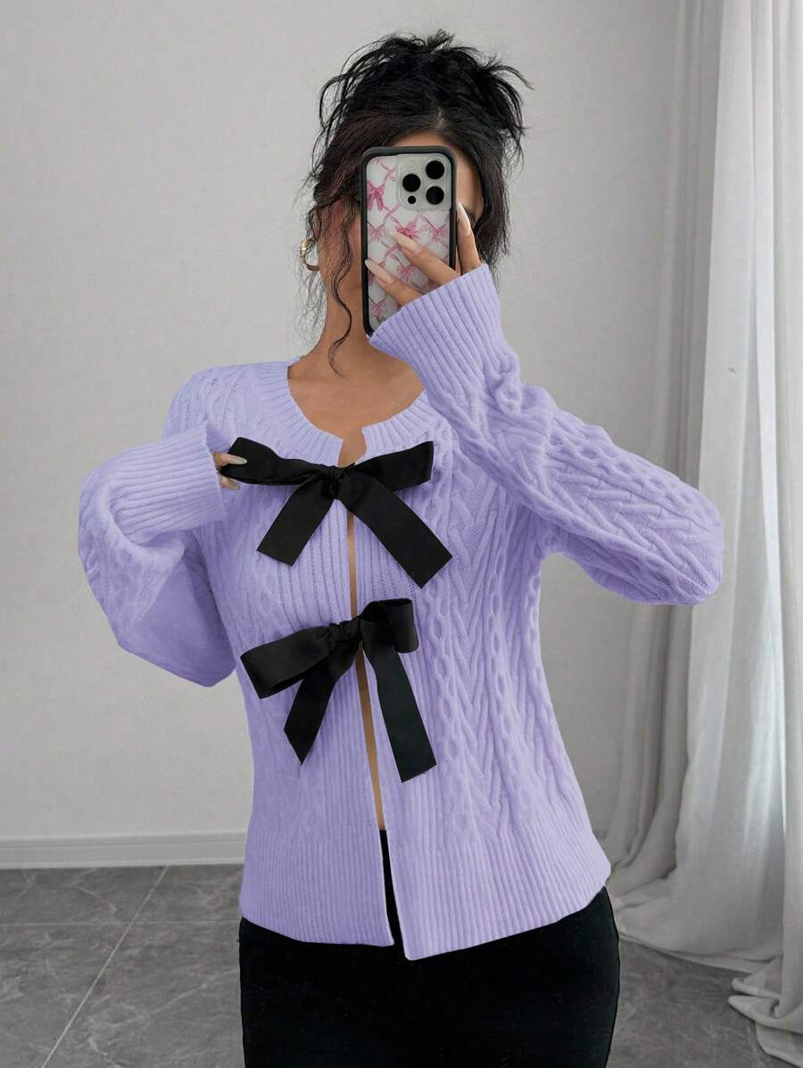 SHEIN Unity 秋冬休闲日常优雅蝴蝶结正面开衫 - 淡紫色 - 查看 1