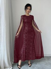 Elenzga 女士优雅亮片装饰圆领长款紧身连衣裙，秋季勃艮第红长款女装 - 酒紅色 - 查看 4