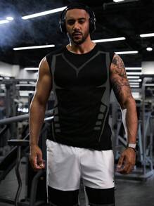 Gym Rark 3PCS Men's Compression Tops,Black Summer Athleisure Gym Set,Elastic Breathable Round Neck Graphic Print Athletic Tank Top Workout Compression Shirt - Black - View 4