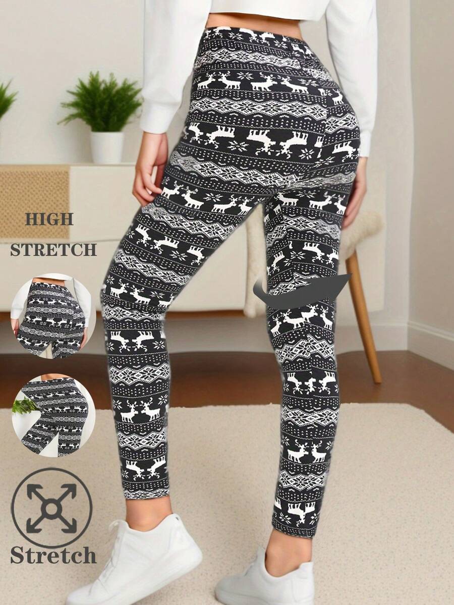Autumn/Winter European & American Christmas Women's Leggings, Black & White Reindeer Pattern Fleece Casual Pants, Holiday Reindeer Print High Stretch Skinny Workout Tight Pants For Fitness Squat Yoga Outdoor Travel Casual Walking, Ankle Length