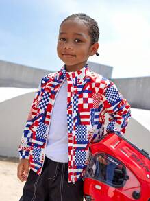 SHEIN Kurtka z kapturem w kratkę dla chłopca, wyścigowa, wiatrówka, swobodny strój sportowy do szkoły, na zewnątrz, na ulicę, na trening, do biegania