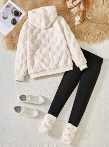 Sparklyn Tween 女孩休闲运动羊毛连帽运动衫和紧身裤 2 件套，冬季服装 - 杏色 - 查看 2