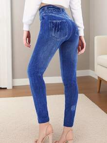 European American Fashion Simple Blue Denim Effect Elastic Waist Casual Leggings Soft Comfortable Fitness Running Sports Pants Yoga Home Exercise Outdoor Walking Skinny Cropped Tights