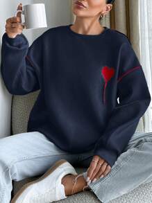 RueChic Red Heard Embroidered White Sweatshirt With Red Piping At Sleeves