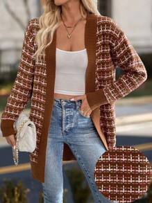 SHEIN Unity Cardigan Longgar Wanita Kasual Motif Kotak-kotak dengan Bukaan Depan - Coffee Brown - View 1