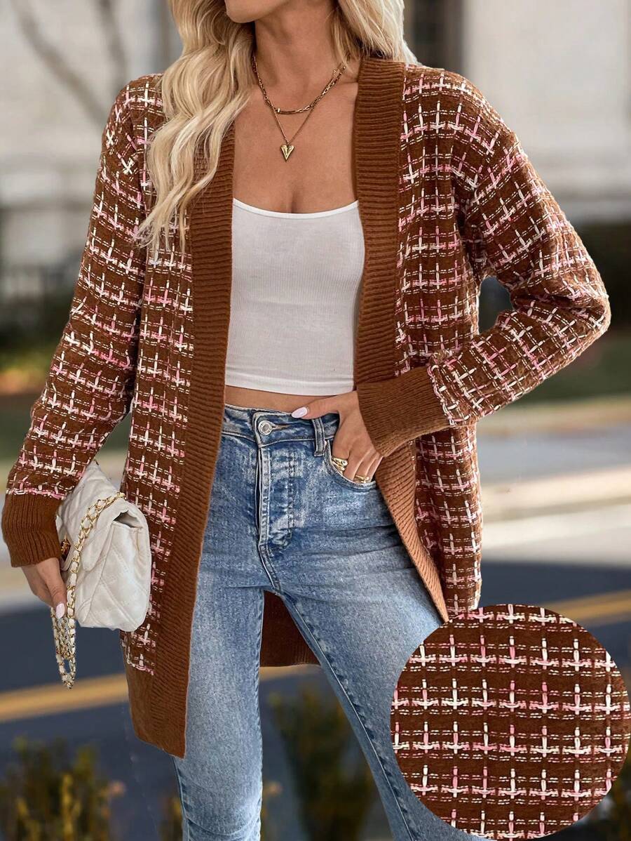 SHEIN Unity Cardigan Longgar Wanita Kasual Motif Kotak-kotak dengan Bukaan Depan - Coffee Brown - View 1