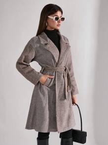 SHEIN Tall Women Herringbone Pattern Turn-Down Collar Belted Coat - Brown - View 3