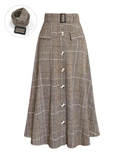 Damen Lässig Karomuster Knopfleisten Mini Rock, für Herbst/Winter