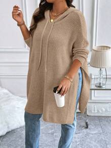 Plus Size Casual Daily Dropped Shoulder Loose Drawstring Hoodie Sweater, Autumn/Winter Knit Pullover Fall Sweater - Apricot - View 3