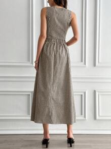 SHEIN Clasi Women's Unique French Style Linen Black & White Plaid 3D Cut Pleated Vest And Skirt 2pcs Set, Spring/Summer - Coffee Brown - View 2