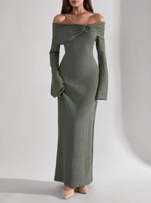 SHEIN Tall Long Sleeve Draped Neck Sparkling Dress - Green - View 1