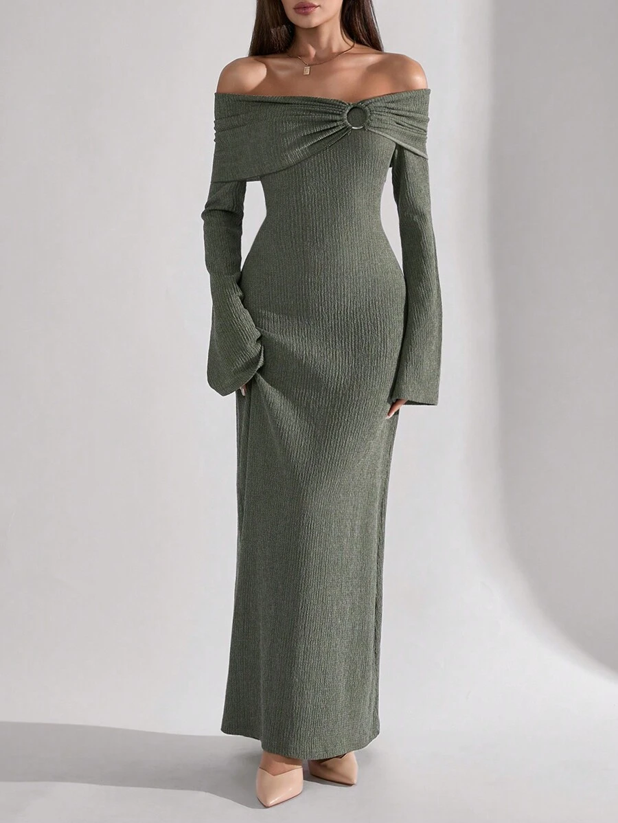 SHEIN Tall Long Sleeve Draped Neck Sparkling Dress - Green - View 1