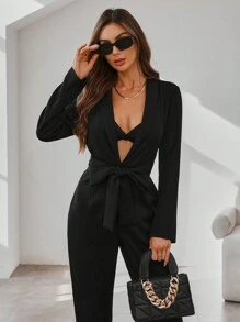 SHEIN Clasi Salopeta Neagra De Femei Cu Guler Capa Maneca Lunga Buzunar Salopeta Eleganta Pentru Naveta