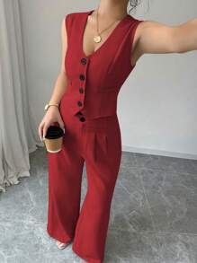 Selianne Sleeveless Blazer Vest & Solid Wide Leg Pants 2pcs Suit Set For New Year Clothes - Red - View 3