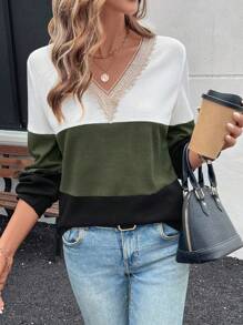 SHEIN LUNE Women's Contrast Color V-Neck Lace Patchwork Long Sleeve Sweatshirt - Multicolor - View 6