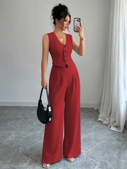 Selianne Sleeveless Blazer Vest & Solid Wide Leg Pants 2pcs Suit Set For New Year Clothes